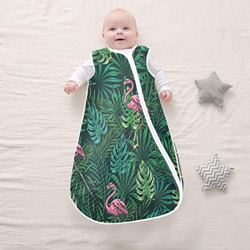 Вреќа за спиење за новородени бебиња - Тропски шарен гроздобер розов Фламинго зелена Монстер и палма лисја бебешко носено ќебето што може да се