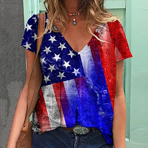 Дами Денот на независноста starвезда графички блузи, фрлајќи деколте на деколте, плоштад вратот врвови маица кратки ракави салон