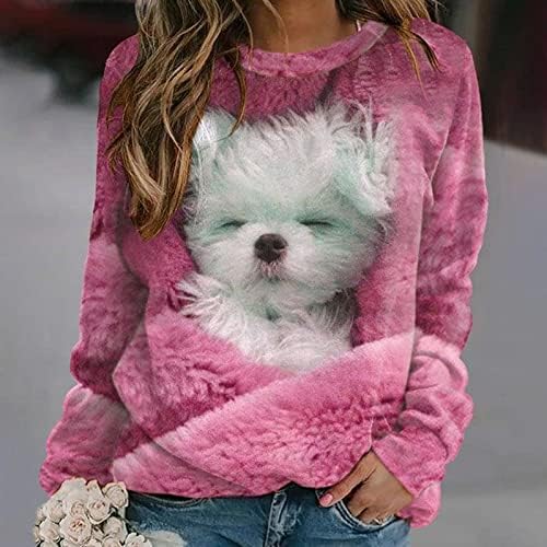 Женски нејасен топол пуловер 3Д кучиња шема печати цврста боја џемпер врвови со долги ракави екипаж, обична лабава блуза за туника