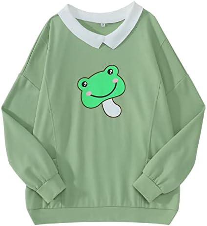 Izyjoy Women Frog Frog Graphrow Graphic Sweatshirt Долг ракав лабава естетска маичка пулвер тинејџерски девојки лесна кошула врвот на врвот