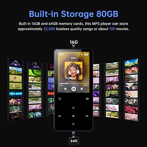 80gb Mp3 Плеер Со Bluetooth 5.0, Пушти Музика до 30 Часа.Hifi MP3 Плеер Со Репродукција На Видео, Прегледувач На Слики, FM Радио, Снимање