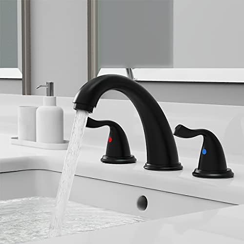 Тапаци за бања за мијалник 3 дупка, широко распространета тапа за бања матна црна бања месинг 2 рачка за мијалник за бања со мијалник за бања