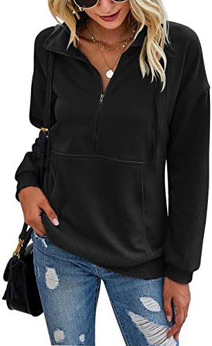 Обичен женски обичен патент за џемпер со долги ракави за џебови, лабава четвртина од патент -пуловер врвови со џебови