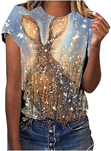 Велигденски кошули за жени 2023 Симпатична 3Д печатена празничка блуза Велигденски зајаче графички маички кратки ракави летни обични маички