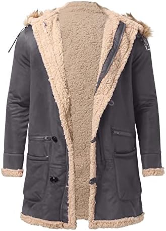 Мажи плус големина со качулка зимско копче палто лапел јака со долг ракав, поставена кожна јакна гроздобер згусна анорак јакна мажи