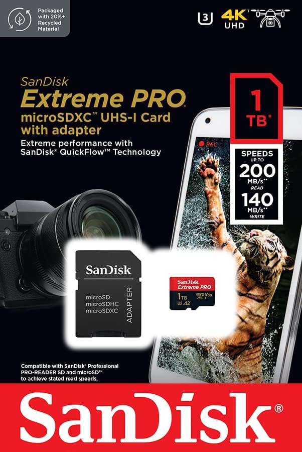 Sandisk 1tb Технологија За Брз Проток Екстремен PRO microSD Со Адаптер C10, U3, V30, A2, 200mb Брзина На Читање 140 MB Брзина На Пишување Uhs-I Картичка