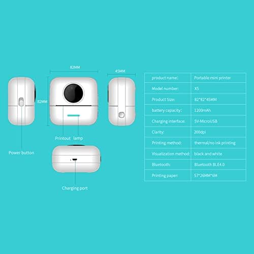 Xixian мини печатач за фотографии, X5 Термички печатач за печатач за печатач за печатач 200DPI безжичен прием печатач за работен