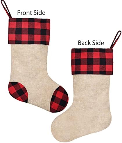 Caraknots Божиќни чорапи сет од 3 црвени и црни карирани божиќни чорапи за семејни деца Големи бурлап Проверете Божиќни чорапи за Божиќна куќа