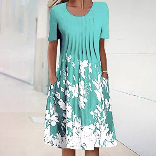 Женски цветен фустан за печатење летен случајн кратки ракави тркалезни тунични фустани плажа линија лабава замав фустан