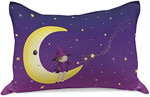 Зачудувачки волшебник плетен ватенка перница, девојче со магично стапче што седи на полумесечина monвездена пурпурна омбре ноќ, стандардна