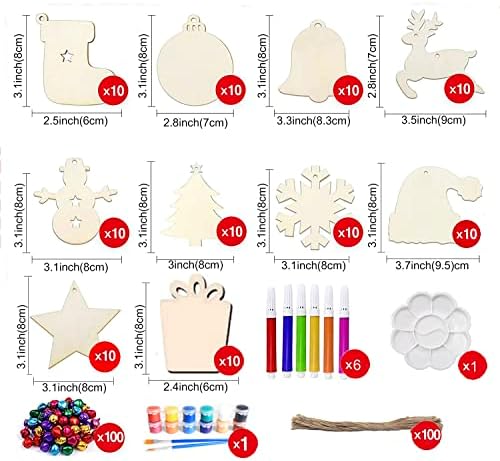 50 ПАРЧИЊА Дрвени Божиќни Орнаменти 10 Стилови Занаети Недовршени Украси ЗА Новогодишна Елка КОМПЛЕТ САМ ЗА Деца и Возрасни Со Канап Ѕвона Боја Пенкала Боја Сет