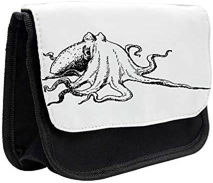 Зачудувачки случај со молив во октопод, подводно море суштество, торба со молив со ткаенини со двоен патент, 8,5 x 5,5, црно бело
