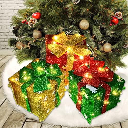 Божиќни украси кутии за подароци сет од 3 ， црвени зелени и златни сегашни кутии со Божиќни двор и новогодишна куќа декор
