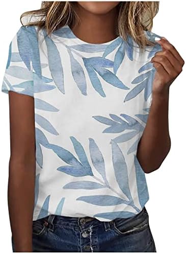 Женски врвови 2023 летни маици со краток ракав блузи, цветни печатени лабави врвови, ретро екипаж на вратот на вратот што излегуваат кошули