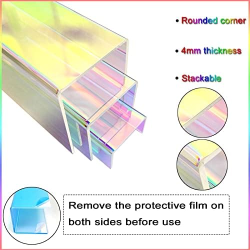 Ripricuso Iridescent Acrylic Risers Display Stand - 3 нивоа чист штанд за поп -фигури, штанд за кекс на виножито, полица за правоаголник,