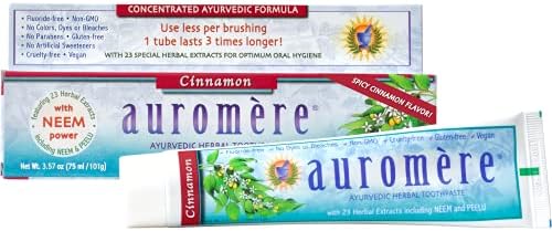Ауромер Ајурведска паста за заби, цимет - веган, природен, не GMO, без флуорид, без глутен, со Neem & Peelu, 2 пакувања