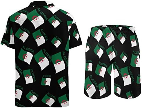 Знаме на Алжир мажи 2 парчиња Хавајски постави копче-надолу кошули со кратки ракави, панталони за плажа лабави вклопени манкети