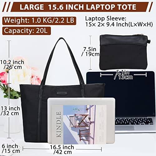Лаптоп торба за торби за жени, 15,6 инчен лаптоп лесна голема работна торба за носење торба со рамо со мала торбичка црна црна боја