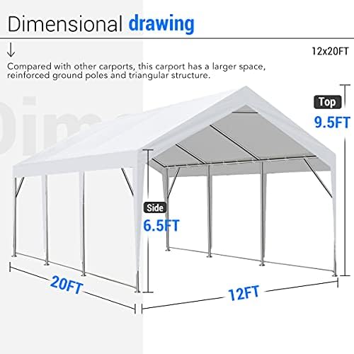 Peaktop Outdoor 12 x 20ft Надграден тешки карпони, преносна крошна на автомобили, гаража шатор, засолниште за брод со армирани триаголни греди