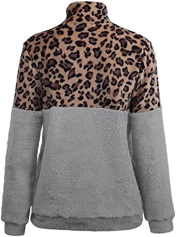 Kuaileya леопард печати џемпер женски зашивање 1/4 патент јака Топ двострано руно топла јакна со џебови