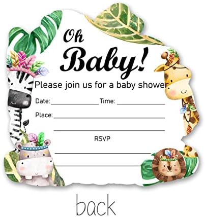 Сафари тема за бебиња туш за забави во облик на покани за пополнување сет од 15 со пликови џунгла животно ох бебе поканува картички за славење на забави