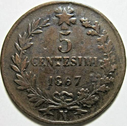 1861 -1867 5 Сентесими Историски Италијански Монета. Издаден Кралот Vitер Виторио Емануеле ВТОРИ. Татко на Татковината Кој Ја Обедини И Создаде