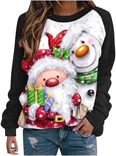Женски Божиќни туники врвови мода 2023 година Нова Година со долги ракави џемпери за екипаж смешни симпатични падови за џемпери за џемпери
