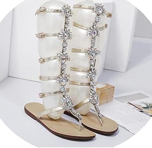Расади со чипка на сандали за жени лето лето долго колено должина на коленото рамна тока лента дијамантски римски сандали женски