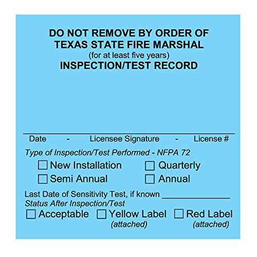Обични печатени етикети со аларм за пожар во Тексас - картички за одржување за инспекција и рекорд за тестирање - пакет од 100