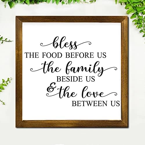 Благословете ја храната пред нас семејството покрај нас, врамени дрвени знаци зборови букви дрвени блок плакета ретро wallид декор виси знак за плакета за кујна днев