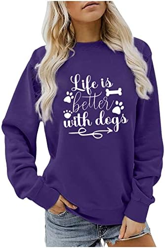 Cински симпатични маички со долг ракав врвот Смешен живот е подобар со кучиња шепа графички пуловер џемпер за џемпери Туника врвови блуза