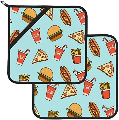 Рачна цртање пица со топла кучиња шарен држач за тенџере со џебна топлина отпорна на топлина МАТ 2 држачи за тенџере со џебови 8 × 8 инчи за готвење и печење