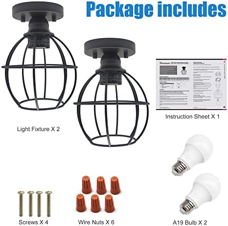 Mingbright 2pack Semi Flush Mount Mount Light, E26 Средна основа 60W макс, масло однесено бронзено метално куќиште и ламба за приврзоци од метал кафез, за ​​ходник/скалила/балкон