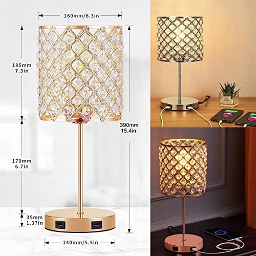 Lxosff Crystal Table Lamp, Контрола на допир на кристална ламба со 2 USB порти - 3 начини затемнети ламби за кревет со светилки, кристална