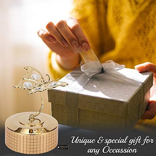 МАТАШИ 24К Златна музичка кутија игра - Волцер на цвет со кристално зафатено фигура на пеперутка - Подарок за Денот на мајката на мајката Божиќ