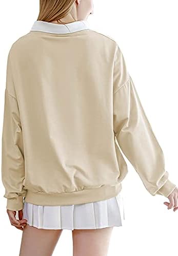 Wrenpies жени џемпери памучни качулки естетски пулвер, вртејќи ја јака за џебови за девојки каваи облека џеб врвови