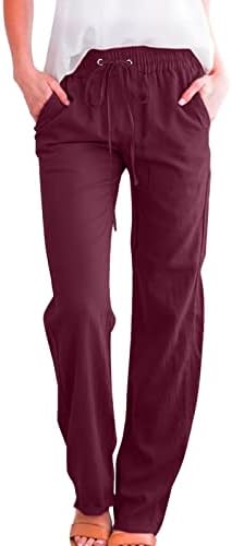 Летни обични памучни постелнини панталони за жени широки нозе панталони со џебови лабави се вклопуваат чиста боја права панталони