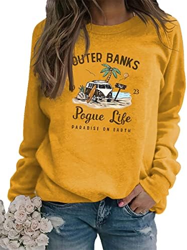 Надворешни банки Ugtqeyd Pogue Life Sweatshirt за жени со долги ракави пулвер врвови смешно писмо печатено екипаж на екипажот врвен маица