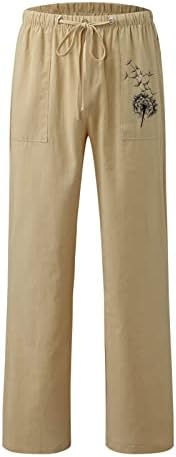 Panенски постелнина панталони со еластична еластична половината, памучна лента за панталони со џебови со џебови за пешачење за жени за жени
