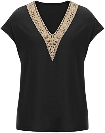 Женски капа на ракав летни врвови трендовски резервоари за маички мермер печати чипка V вратот маица лабава кошули со кратки ракави блуза