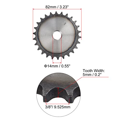 Uxcell 26 Sprocket со рамен ланец на заби А тип, 3/8 терен, 14мм, носат C45 јаглероден челик за ISO 06B синџири