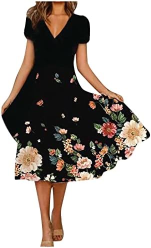 Женски V вратот за замав фустан Бохо лето краток ракав миди фустан случајно 2023 секси цветно печатено печатено лабава лабава фустан