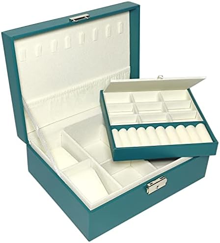 Кутија за накит, 2 слоја кутија за накит со организатор на обетки, накит и часовници организатор на ѓердан, голема кутија за накит за жени.