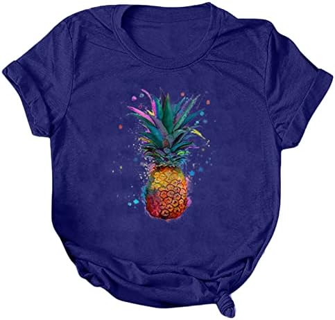 Флорални врвови за жени, симпатична ананас печатена летна маица со кратки ракави, обични графички маички