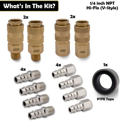 Jaco hi -flo Брзо поврзување на цревото за поврзување - 1/4 NPT | Комплет за приклучок со висок проток и спојувач, тип v