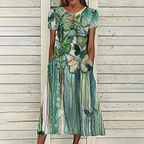 HGCCGDU пролетни фустани за жени 2023 лето Sundress краток ракав цветен печатен случај на лежерна венчаница со џебови со џебови