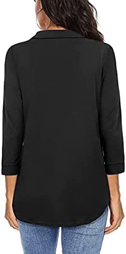 Женска модна обична маица V вратот цврста руширана тунична врвови 3/4 ракави лабава фит блуза 2023 летни облеки на врвови