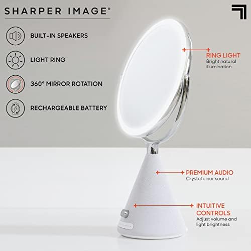 Појапер слика Spastudio Vanity Sound, 9-инчен LED огледало со вграден звучник, безжичен Bluetooth аудио, контроли на осветленост активирана со допир, затемнет лесен лесен прстен, 5x и