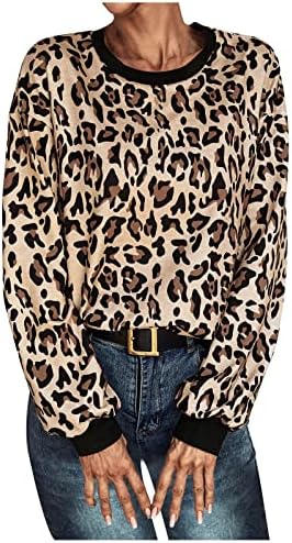 Кошули за печатење на леопард со екипаж за жени обични врвови со долги ракави маички паѓаат мода удобно лабаво вклопување на блуза пуловер