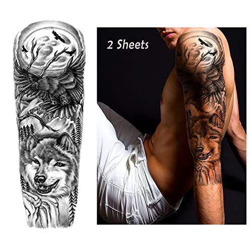 Комплетна рака привремена тетоважа 2 компјутери, секси 3Д лажни налепници за тетоважи Екстра голема долготрајна водоотпорна водоотпорна орел и волк тетоважа ракав